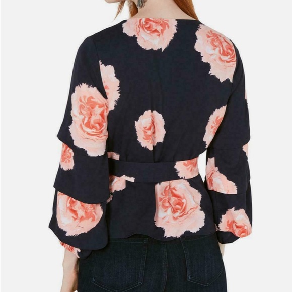 Bar III Women's Top Floral-Print Surplice Blouson Puff Sleeve Artistic Roses - Picture 2 of 7